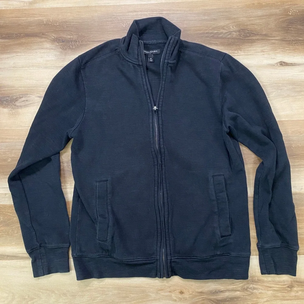 Banana Republic Zip Up Cardigan Size M Mock Neck Slub Knit Cotton Black Sweater